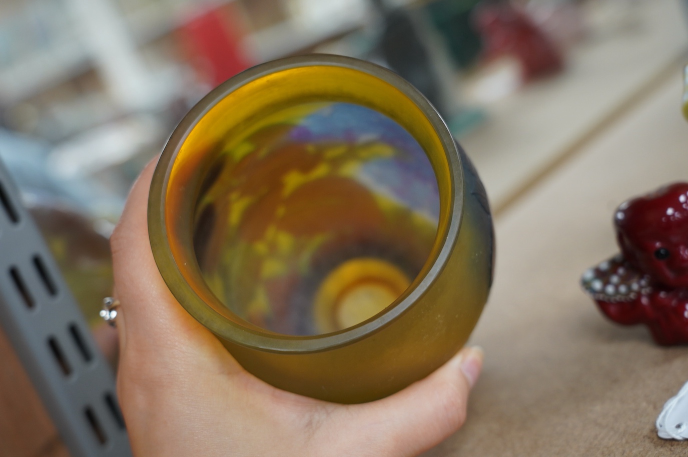 A Gallé blue globular vase with yellow ground, 15cm high. Condition - fair to good, some surface scratches and scratches to base